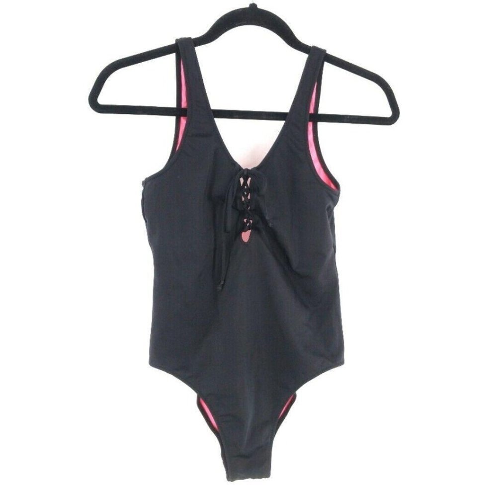 Pink Victorias Secret Swimsuit Womens Small Black One‎ Piece Tie Front